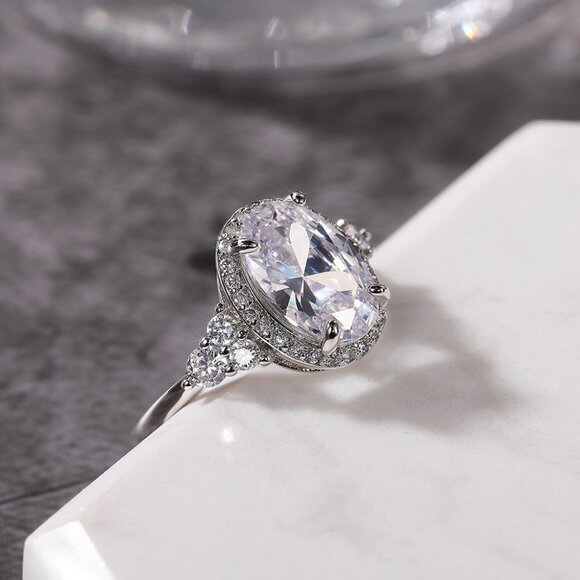 ▶Beautiful Noble Oval Pure CZ Macro Pave Silver Wedding Luxury Rings, K936
